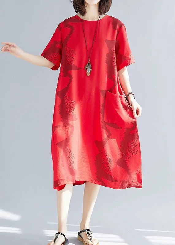 Bold Fashion Beautiful big pockets cotton clothes Women Sleeve red prints wild cotton robes Dress summer