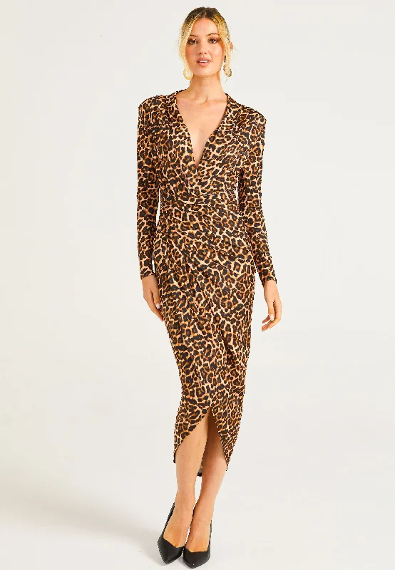 Summer Sale Plunge Neck Faux Wrap Print Midi Dress in Leopard