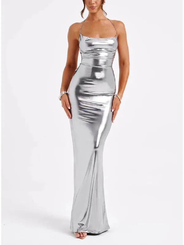 New Arrivals Spring Swing Collar Glossy Graceful Metallic Backless Maxi Dress