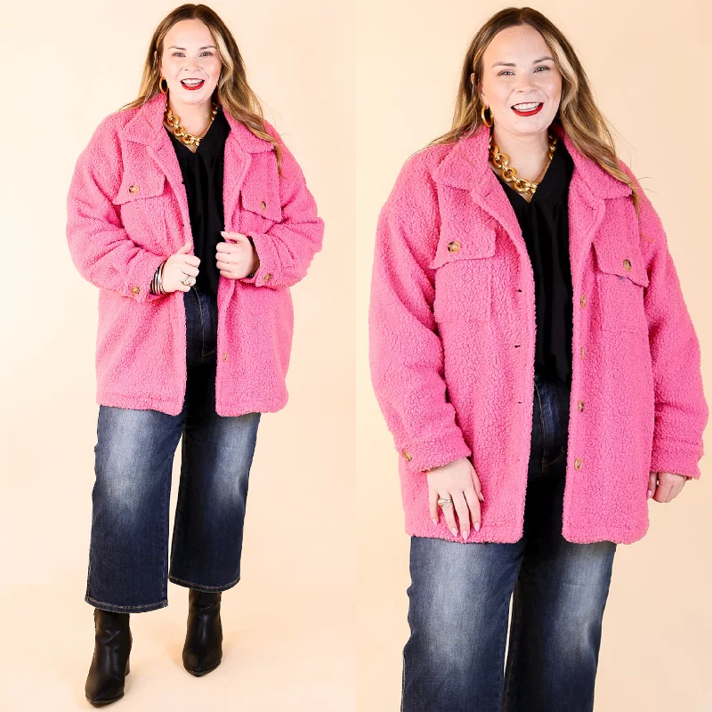 Wardrobe Update Plush Comfort Button Up Sherpa Shacket in Hot Pink