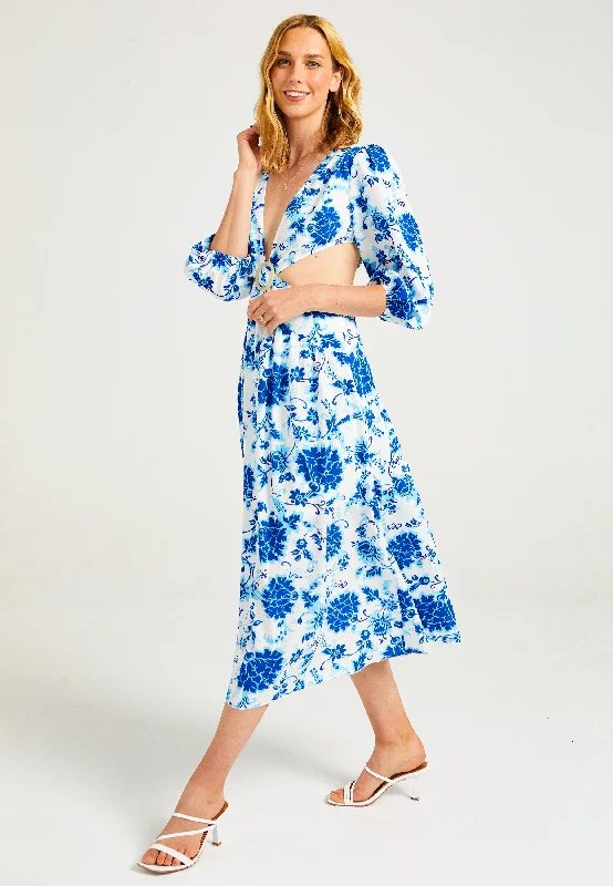 Trendy Outfits For Girls Cut-Out Midi Dress with Buckle in White Blue Floral