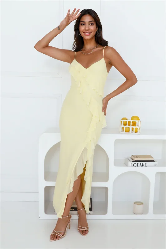 Effortless Everyday Wear Flaunt It Girl Frill Mesh Maxi Dress Yellow