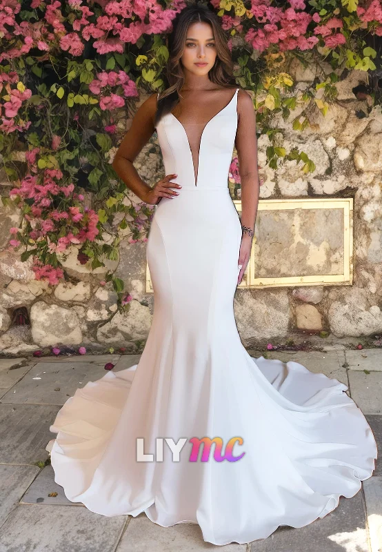 Crazy Price Slashing LW695 - Low V-Neck Sleeveless Sleek Satin Sweep Train Mermaid Beach Wedding Dress