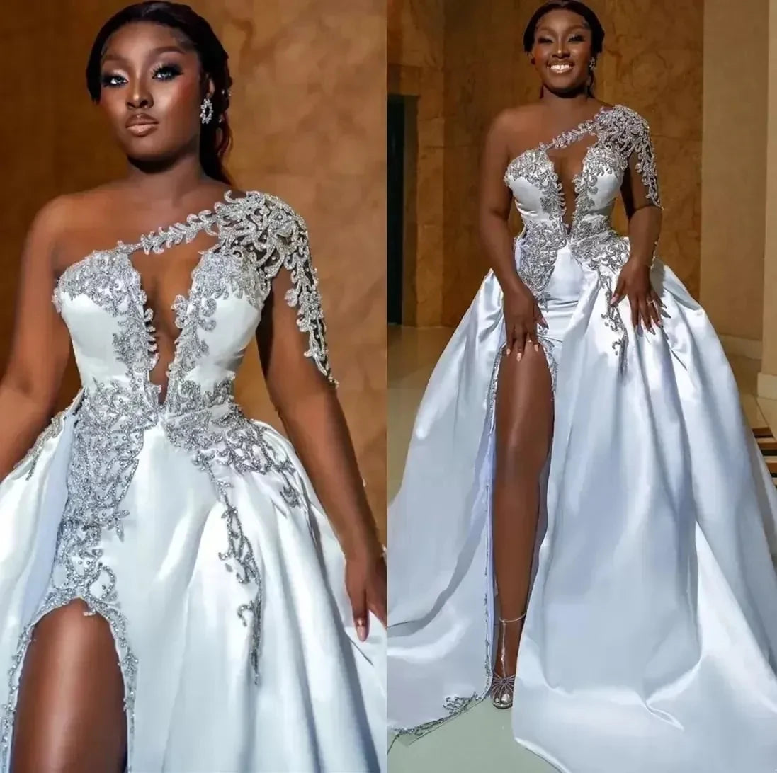 Casual Fashion African Sexy High Split Wedding Dresses A Line One Shoulder Beaded Appliques Keyhole Neck Slit Bridal Gowns Plus Size Robes