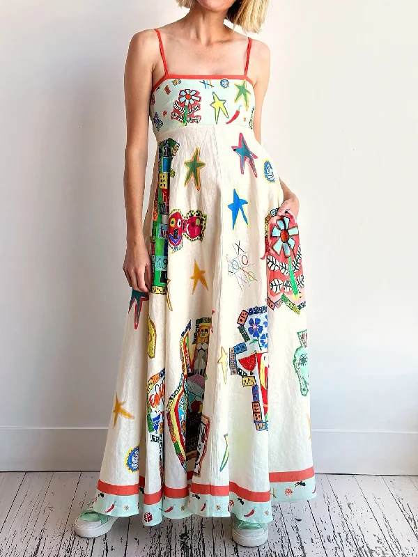 Everyday Wear Unique Graffiti Print Suspenders Graceful Long Swing Midi Dress