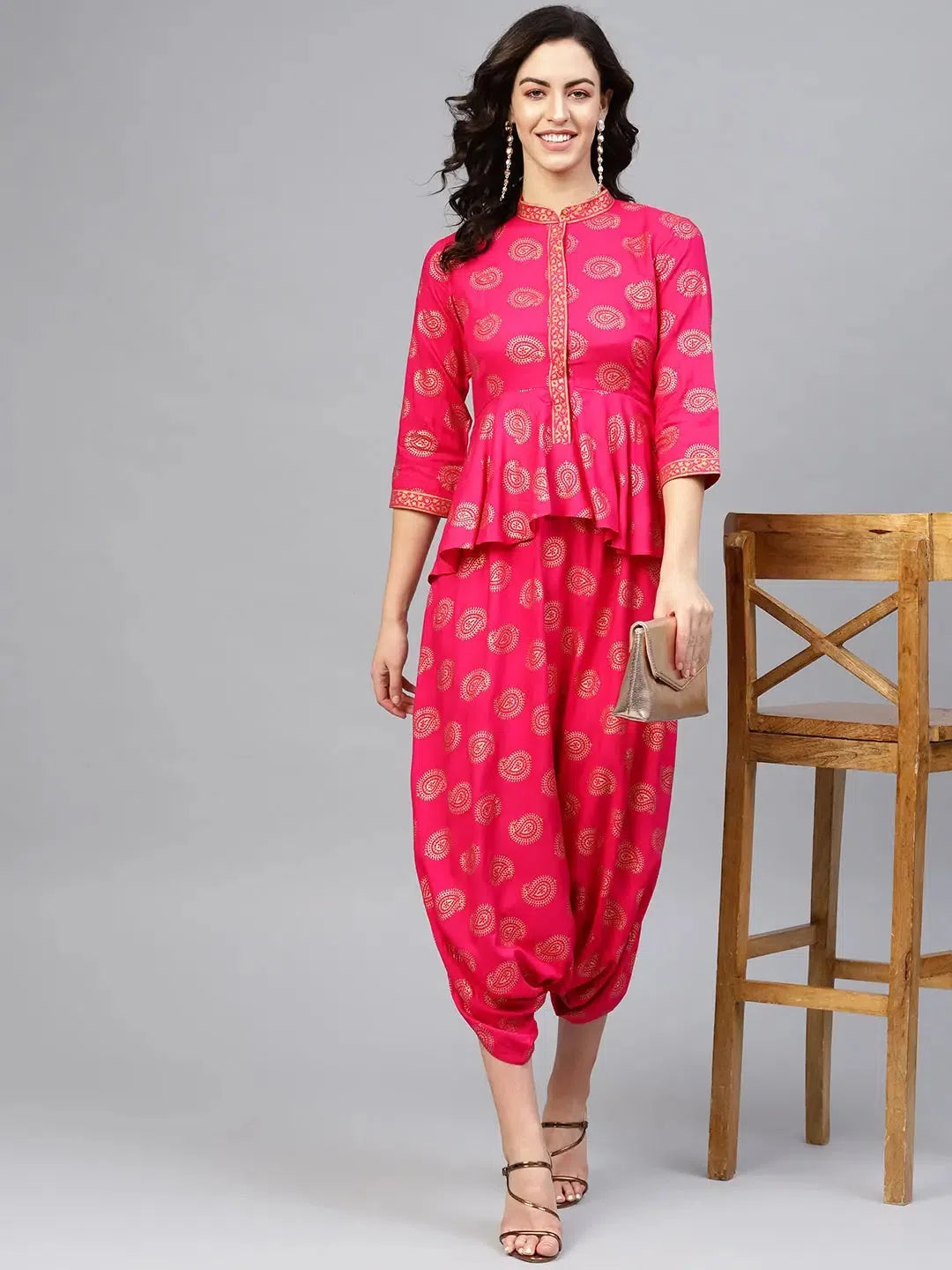 Additional Time-Limited Offers Peplum yoke with low crotch printed jumpsuit in Pink