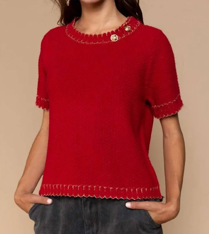 Fashion For Every Occasion Round Neck With Gold Button Detail Sweater In Ruby