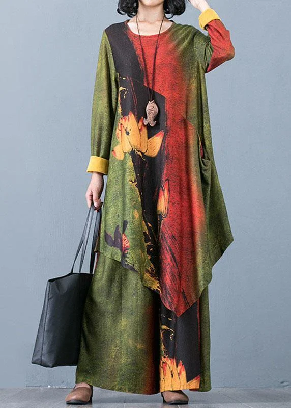 Women's Fashion Clothing 2024 Large Size Women's Chiffon Irregular Long Section Top Loose Wide Leg Pants Green Printed Two-piece Suit