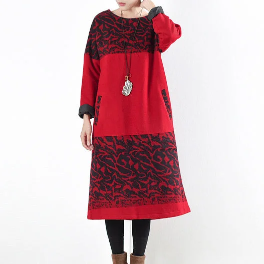 Budget-Friendly Fashion red vintage winter dresses 2024 winter woolen print maxi dress pullover caftans long shirts