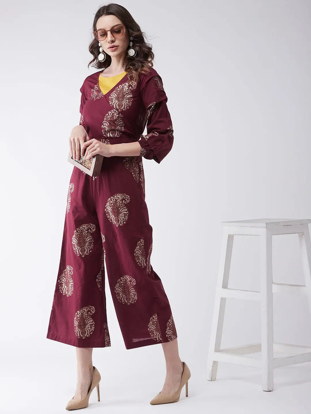 Trendy Attire For Her Maroon Foil Printed Jumpsuit