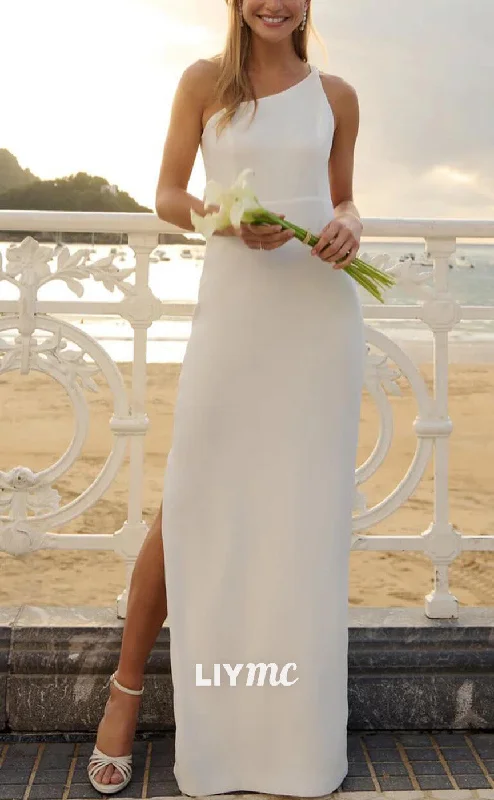 Explore What's New LW944 - Asymmetrical Sleeveless Sleek Satin Side Slit Beach Wedding Dress