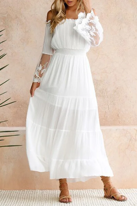 Sale On Sale Fashion Elegant Solid Lace Patchwork Off the Shoulder A Line Dresses