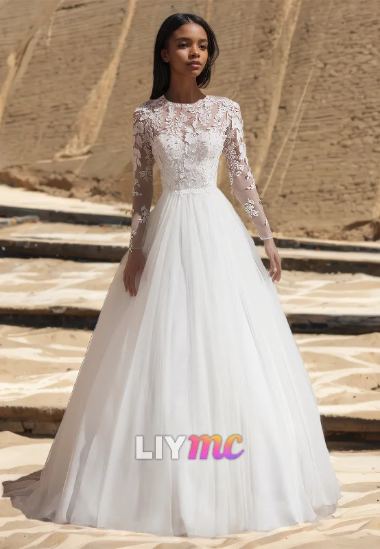 Sporty Streetwear Scoop Long Sleeves Lace Appliques Tulle Ball Gown Wedding Dress