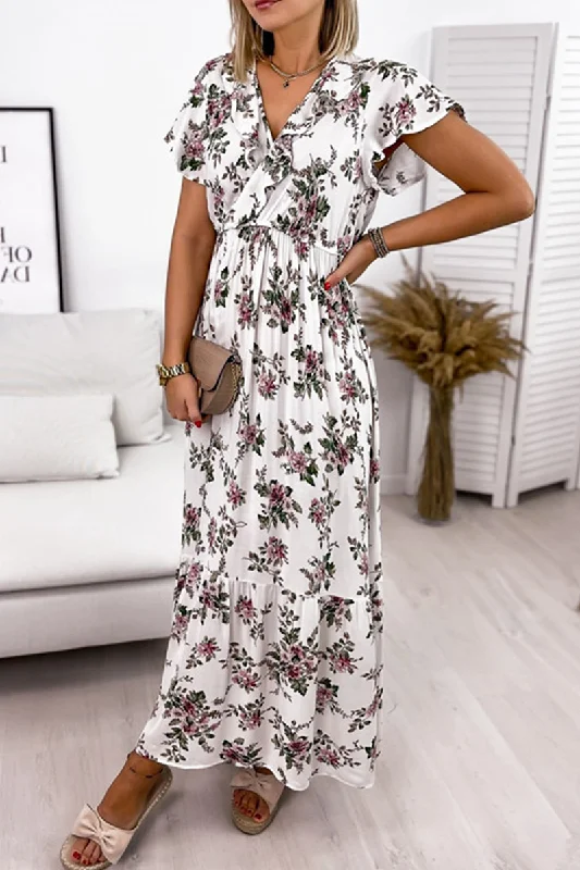 Final Sale Fashion Elegant Floral Split Joint Flounce V Neck A Line Dresses