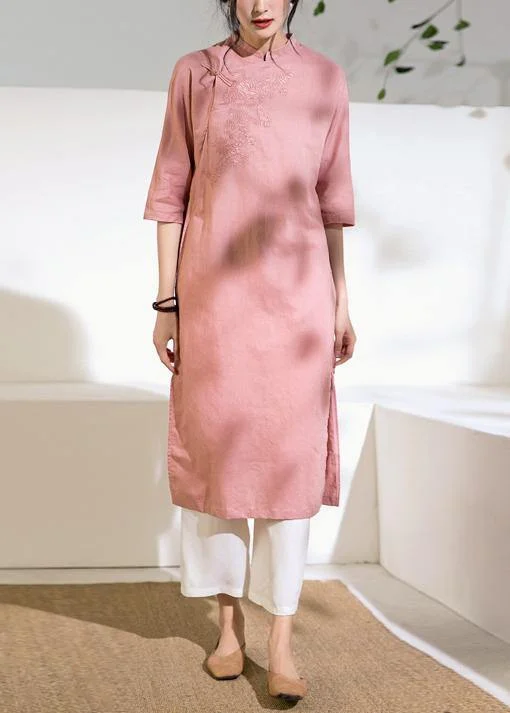 Versatile Outfits Loose stand collar linen side open dress Inspiration pink Dress