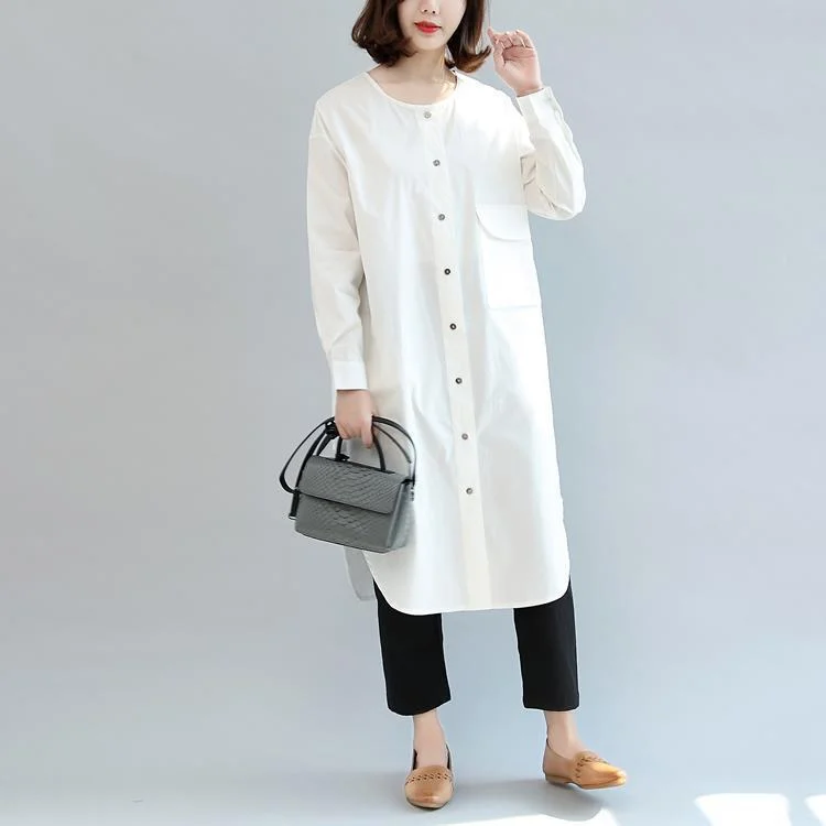 Season Sale white baggy cotton dresses loose casual long sleeve shirt dress