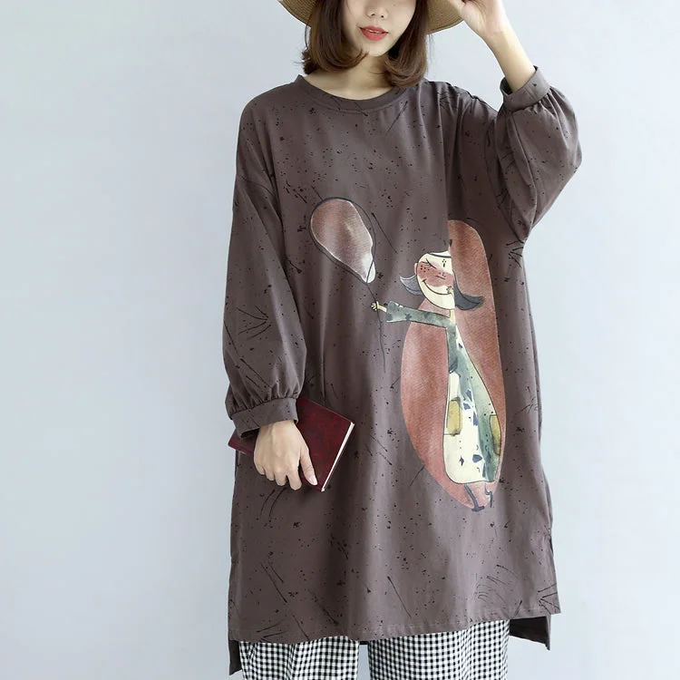 Cutting Edge Fashion autumn warm khaki cartoon print cotton dresses plus size lantern sleeve pullover dress