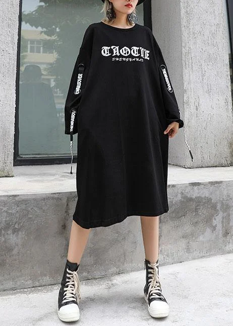 Clothing For Women Loose o neck Cotton dresses Shirts black print Dresses