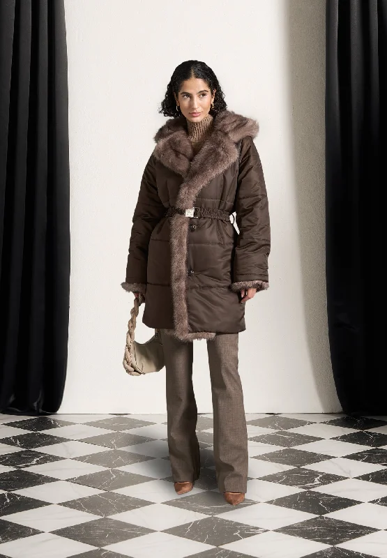 Women's Seasonal Fashion Trends Fur Longline Belted Coat - Brown