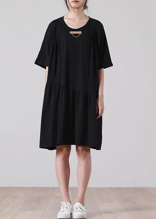 High End Fashion French Black Asymmetrical Cotton Dress Summer Dresses