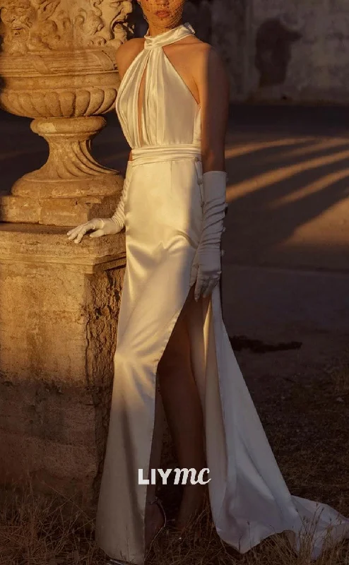 Trendy Styles LW846 - Halter Sleeveless Sleek Satin High Slit Beach Wedding Dress