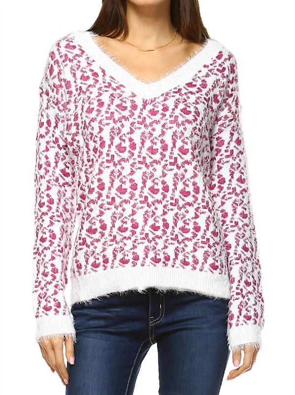 Chic And Comfortable Women's Leopard Sweater In Fuchsia