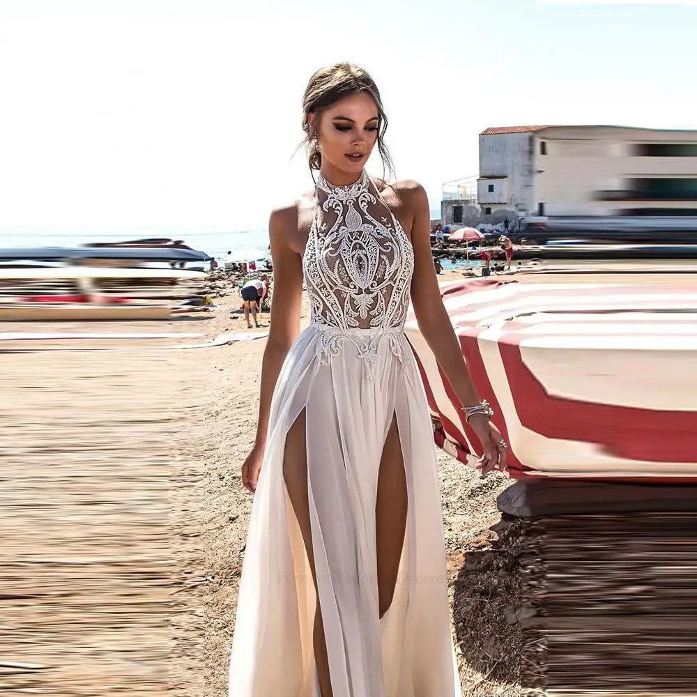 Premium Quality Garments Beach Wedding Dress Boho Bride Gown Halter Lace Top Chiffon Sexy High Side Slit Skirt Long Backless Bridal Dresses