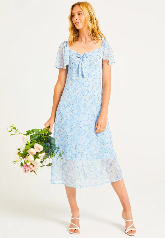 Trendy Boutique Online Front Tie Detail Midi Dress in Blue Ditsy Floral