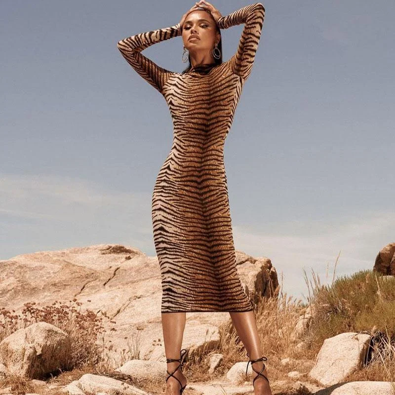 Flash Sale Event Trendy Animal Print High Neck Long Sleeve Midi Dress - Tiger