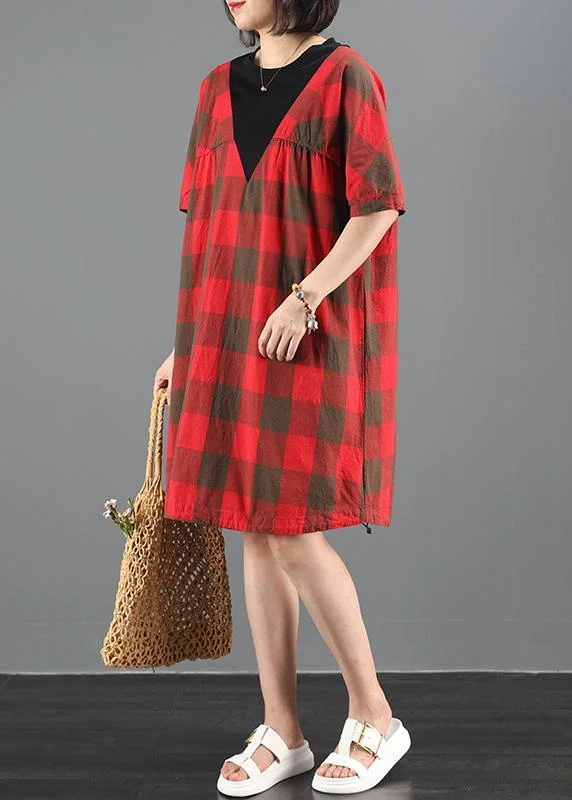 Fashionable Women's Wardrobe Unique red plaid tunic dresso neck patchwork A Line summer Dresses