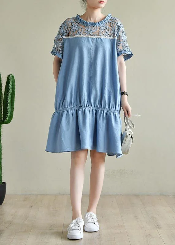 Women's Casual Dresses Chic o neck patchwork lace summer dress light blue Dresses