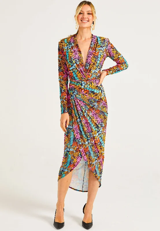 Women's Clothing Boutique Plunge Neck Faux Wrap Print Midi Dress in Multi Snake