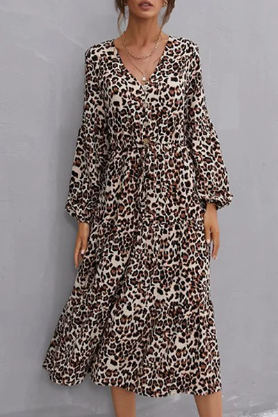 Trendy Women's Apparel for All Seasons Elegant Leopard Frenulum Buckle A Line Dresses