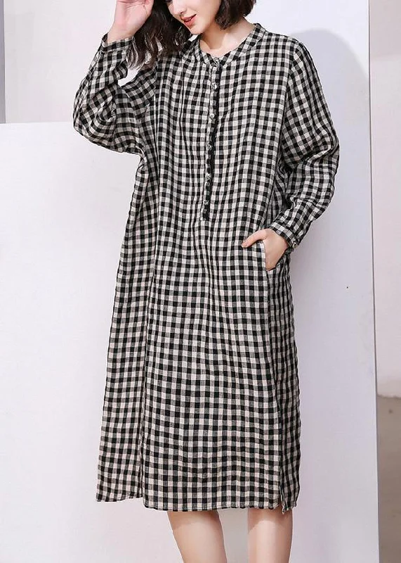 Boutique Dress Online Vivid plaid cotton tunics for women o neck daily side open Dresses