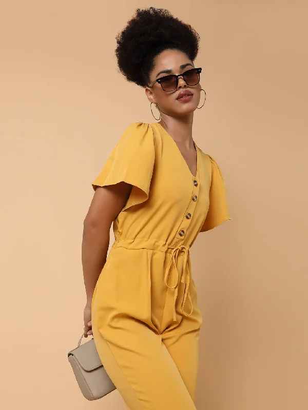 Versatile Wardrobe Essentials Women V-Neck Solid Yellow Basic Jumpsuit-SH-7170-Yellow