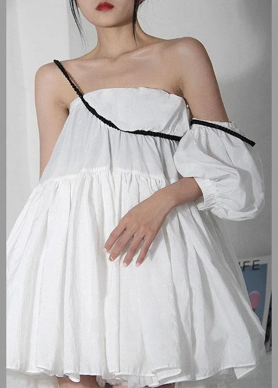 Modern Casual Clothing Women White asymmetrical design Puff Sleeve Cold Shoulder Cotton Spaghetti Strap Dress