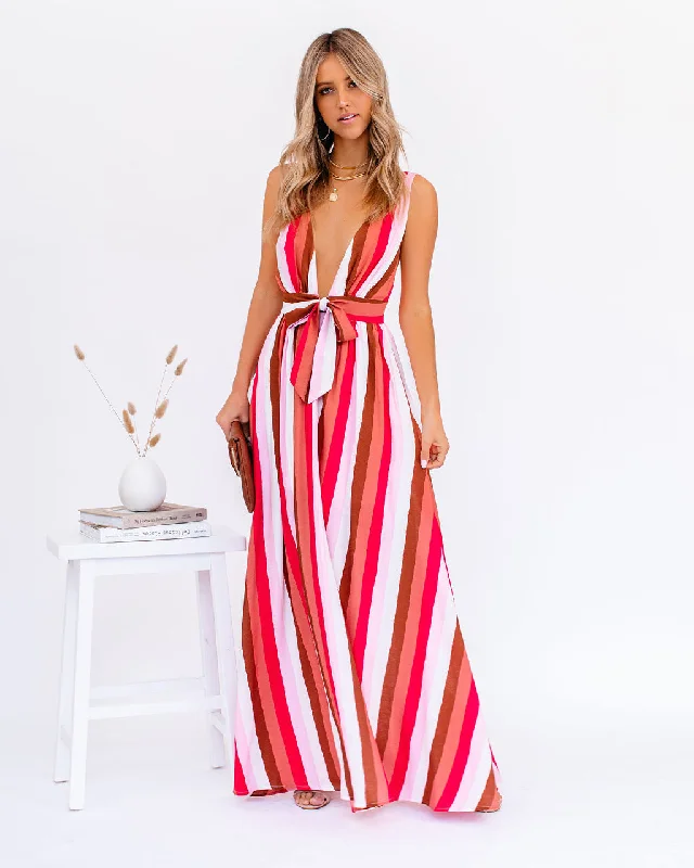 Comfy Women's Outfits for Daily Wear Happy Hues Striped Tie Front Maxi Dress