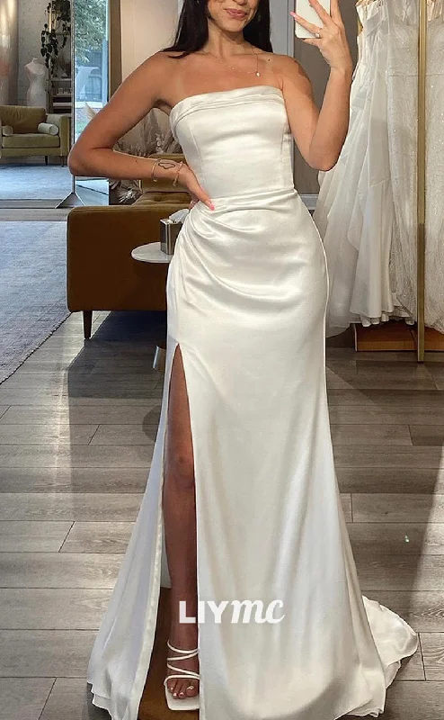 Women's Urban Fashion LW707 - Straight Across Sleeveless Sleek Satin High Slit Wedding Dress