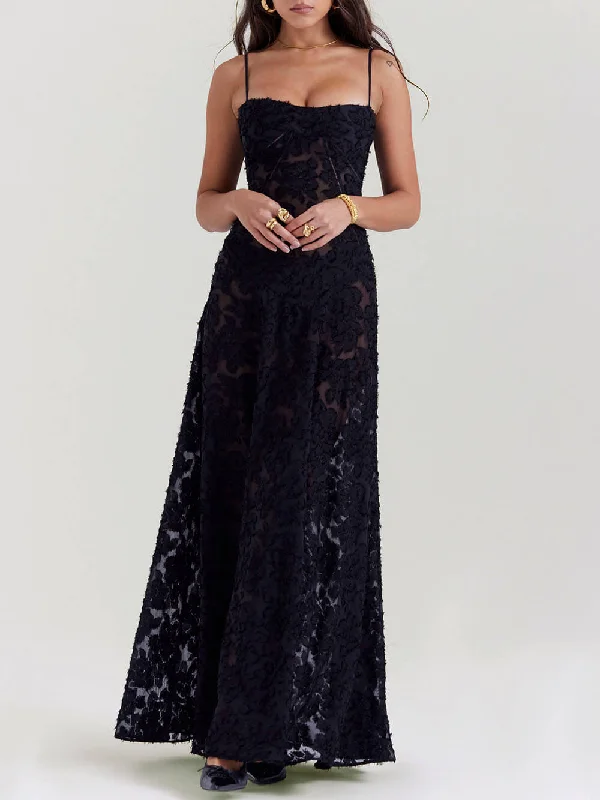 Online Boutiques Best Black Floral Lace Charming Back Maxi Dress