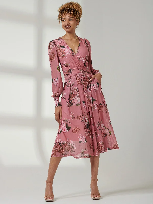 Flash Sale, Don't Miss Eileen Long Sleeve Mesh Dress, Pink Floral