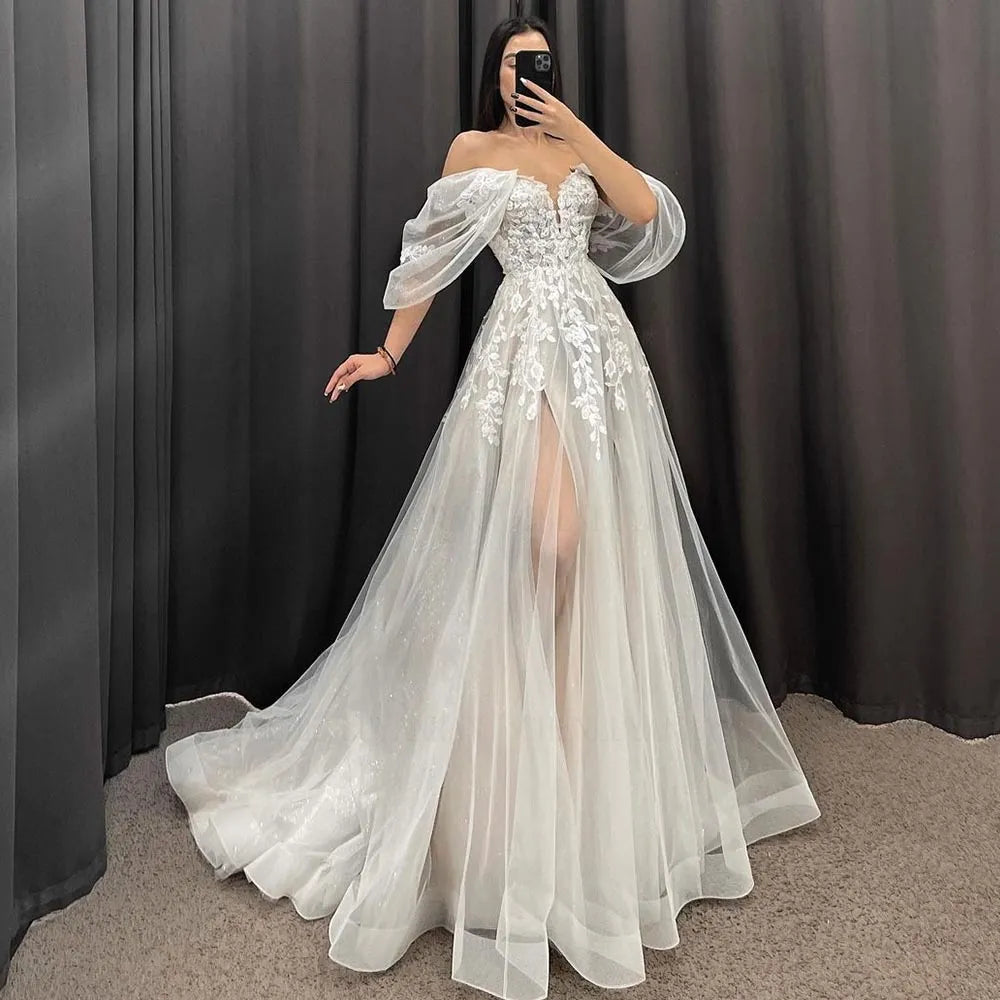 Workwear Fashion for Women Ivory A-Line Wedding Dresses  Women V-Neck Short Sleeves Long Bride Dress Sweep Train Lace Applique Custom Occasion Gowns