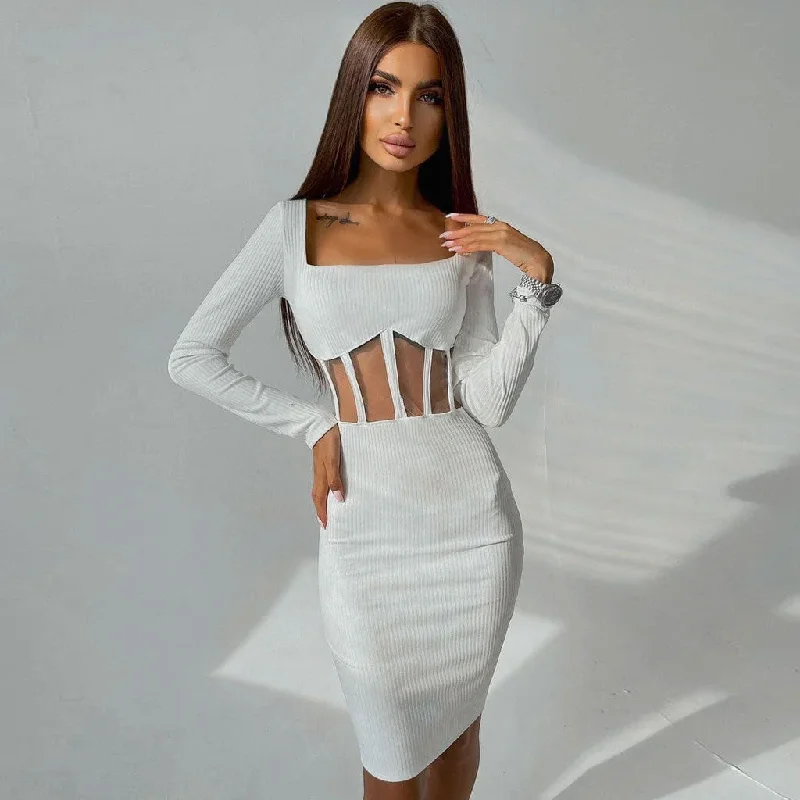 Trendy Women's Collection Square Neck Long Sleeve Mesh Panel Rib Knit Midi Dress - White