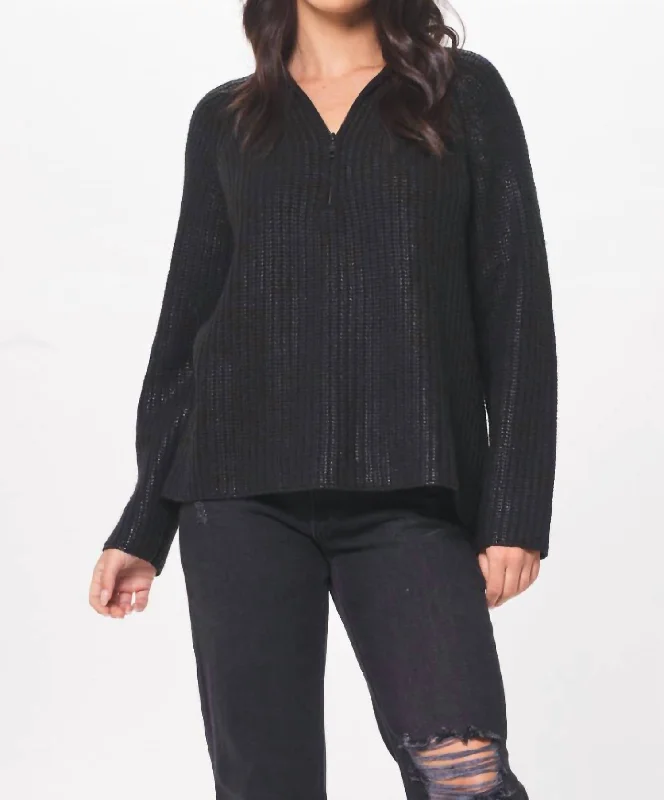 Style Versatile Women's Collection Coated Quarter Zip Sweater In Black