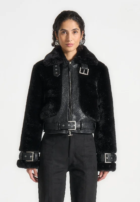 Unleash Your Fashion Plush & Leather Belted Jacket - Black