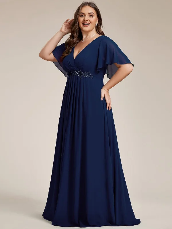 Free Spirited Fashion Plus Size Floral Applique Short Sleeve A-Line Chiffon Formal Evening Dress