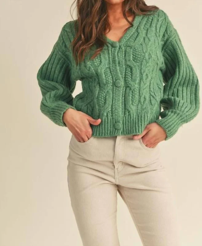 Everyday Wear Cable Knit Puff Sleeve Sweater Cardigan In Rosemary Green