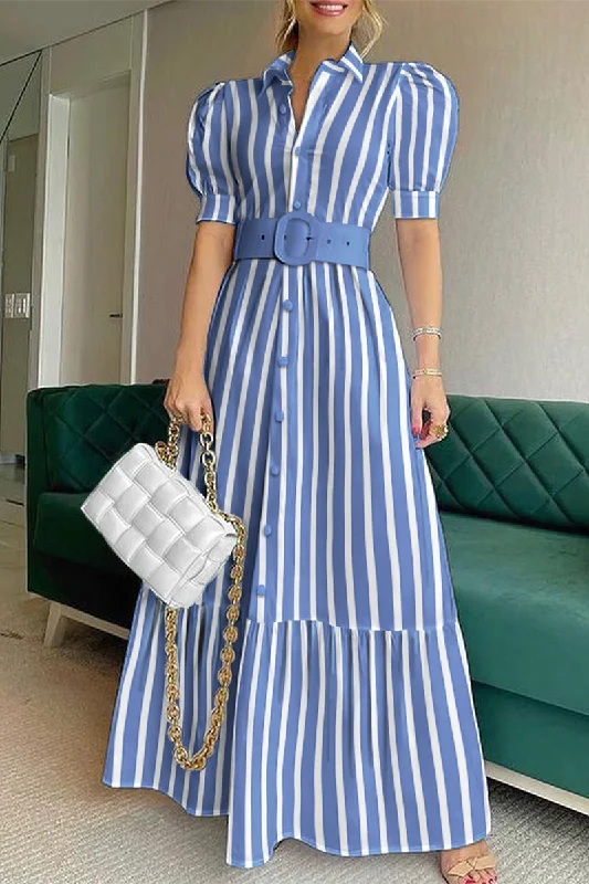 Clothing Brands Fashion Elegant Striped Solid Buckle With Belt Shirt Collar A Line Dresses