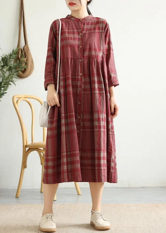 Trendy Street Style Clothing French red plaid cotton linen quilting clothes stand collar Cinched Art Dress