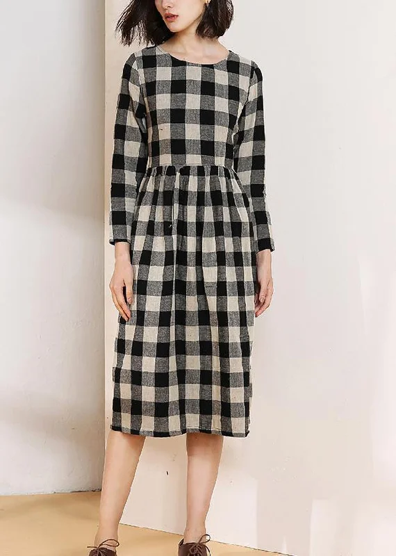 Big Sale Event Vivid o neck cotton linen spring clothes Runway black plaid Dress