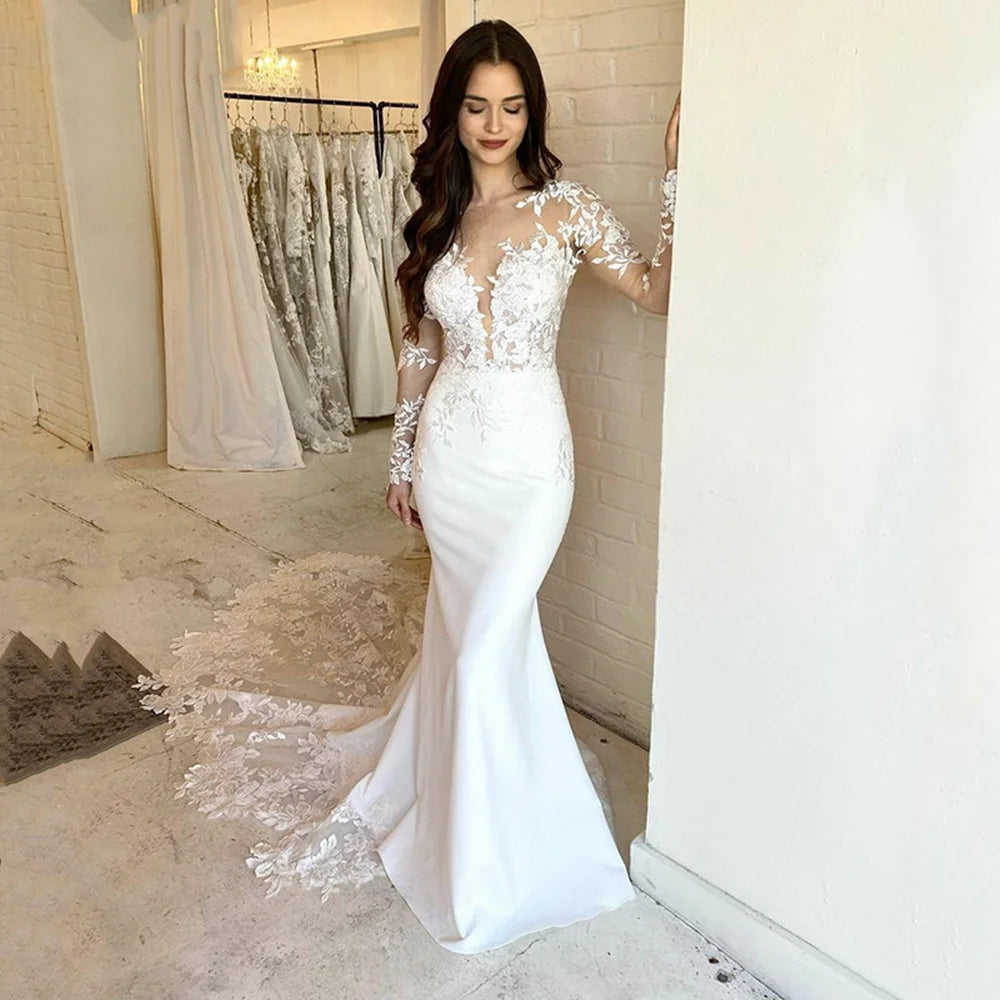 Sale Event, Prices Rock Elegant Lace Mermaid Wedding Dresses For Women Long Sleeve Lace Appliqued Bridal Gown Illusion Back Ivory Vestido De Novias